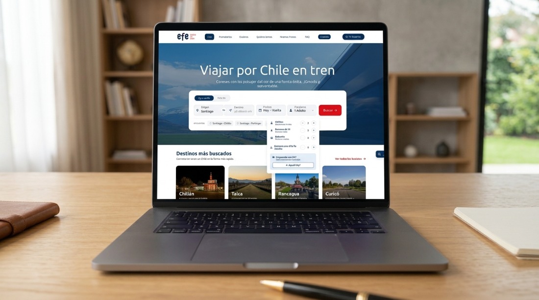 Home rediseñada de EFE en un MacBook: buscador de pasajes sobre el hero «Viajar por Chile en tren» y destinos más buscados
