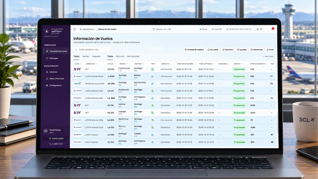 Dashboard Operacional del Aeropuerto Santiago de Chile: tabla de información de vuelos con búsqueda, filtros y estados