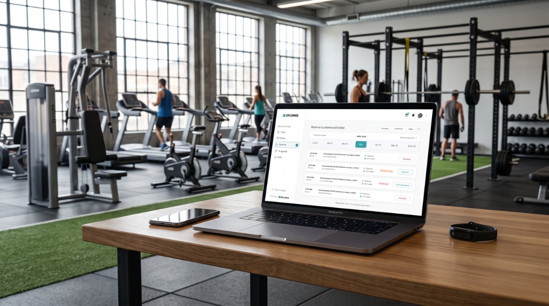 XFLOWD en un MacBook dentro de un gimnasio, con la pantalla Reserva tu próxima actividad